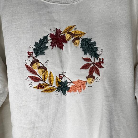 Vintage 90s Country Store Autumn Thanksgiving Wreath Pullover Grandma Cottage M - Picture 2 of 6
